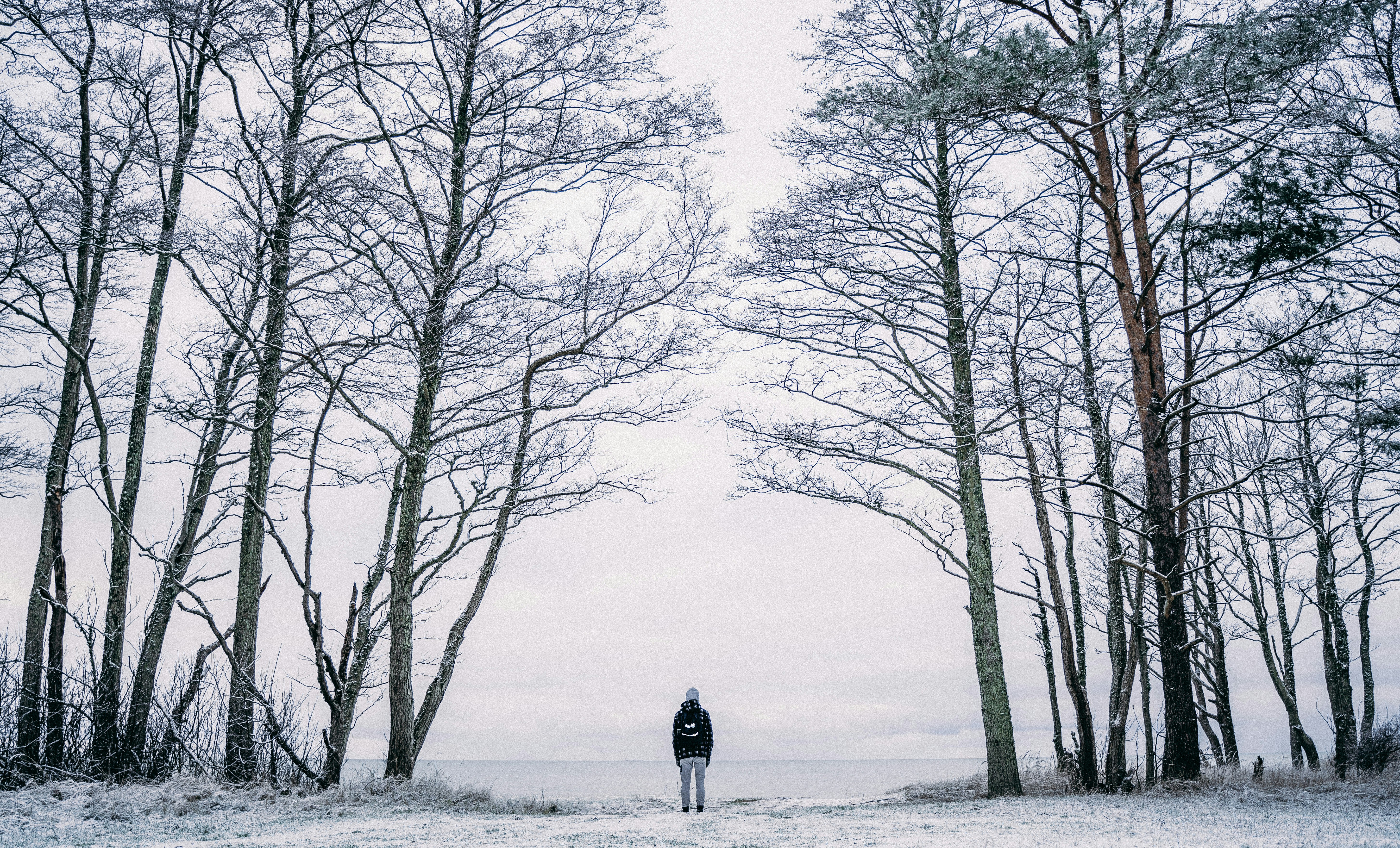 person in black jacket standing on snow covered ground